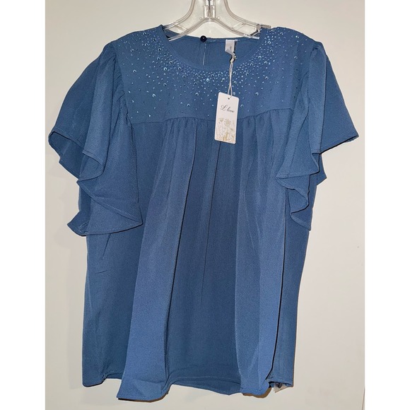 L Love Tops - L Love Slate Blue Ruffled Sleeve Stud Top ~ S
